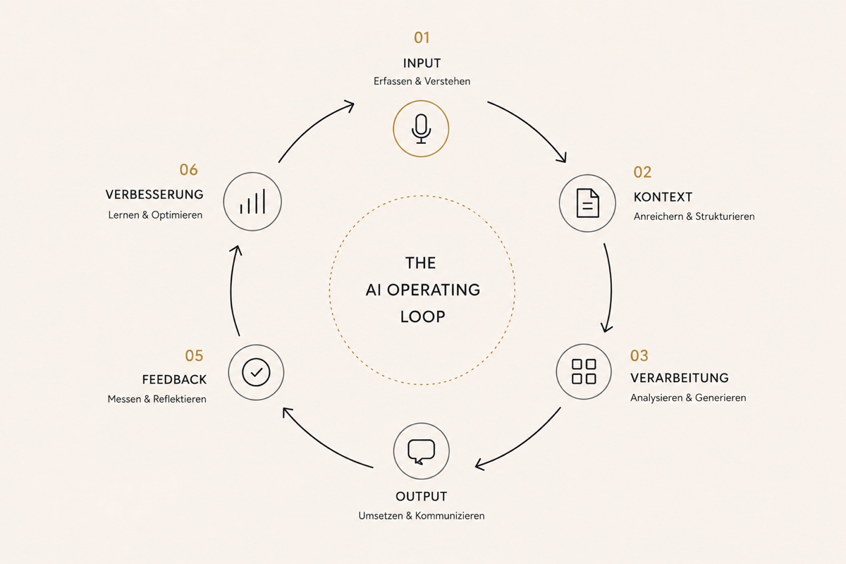 The AI Operating Loop – sechsstufiger Kreislauf: Input, Kontext, Verarbeitung, Output, Feedback, Verbesserung – zurück zu Input.