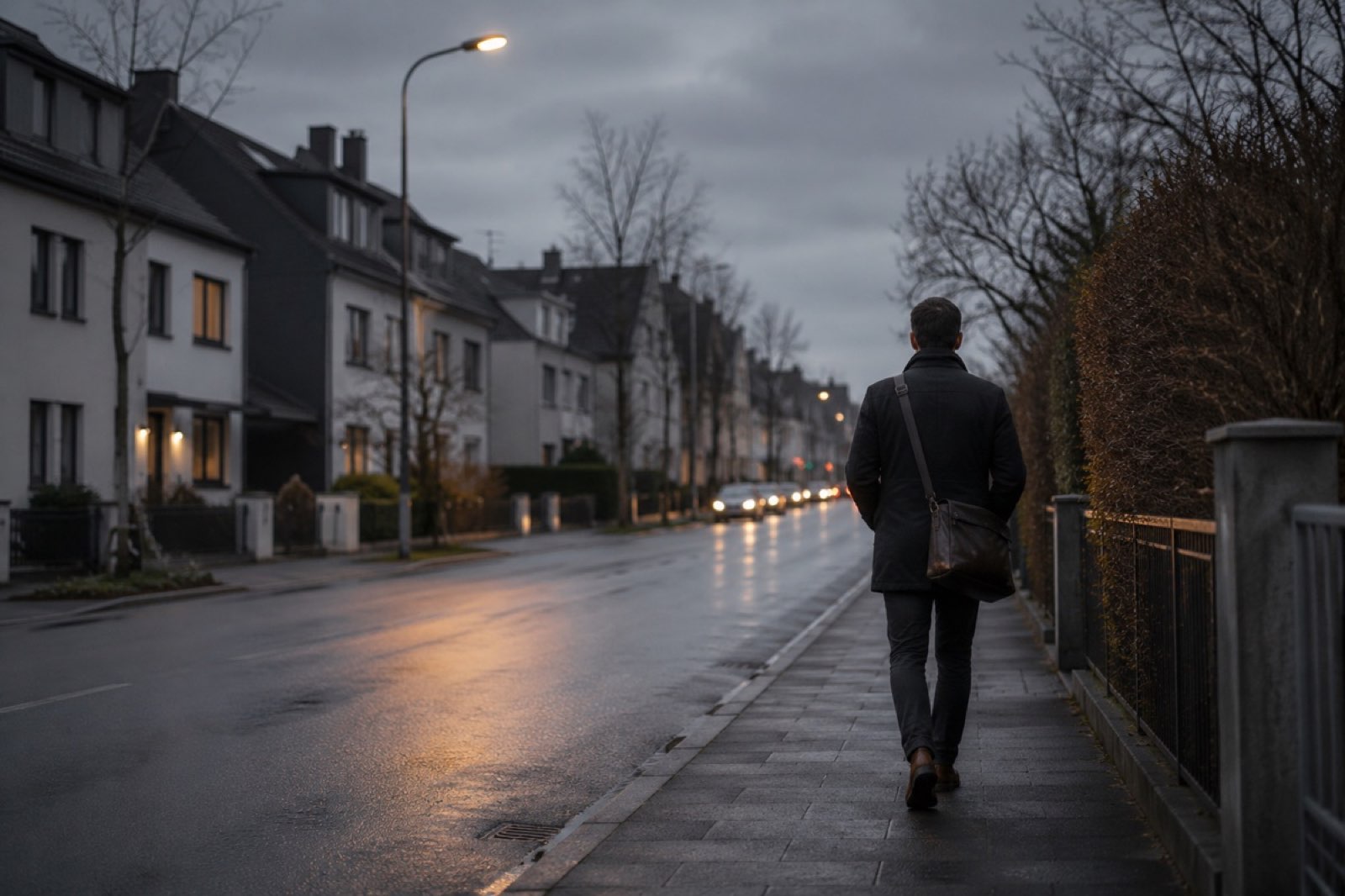 Ruhige deutsche Vorstadt-Szene am Abend: nasse Straße, graue Reihenhäuser, eine einzelne Person von hinten auf dem Gehweg.