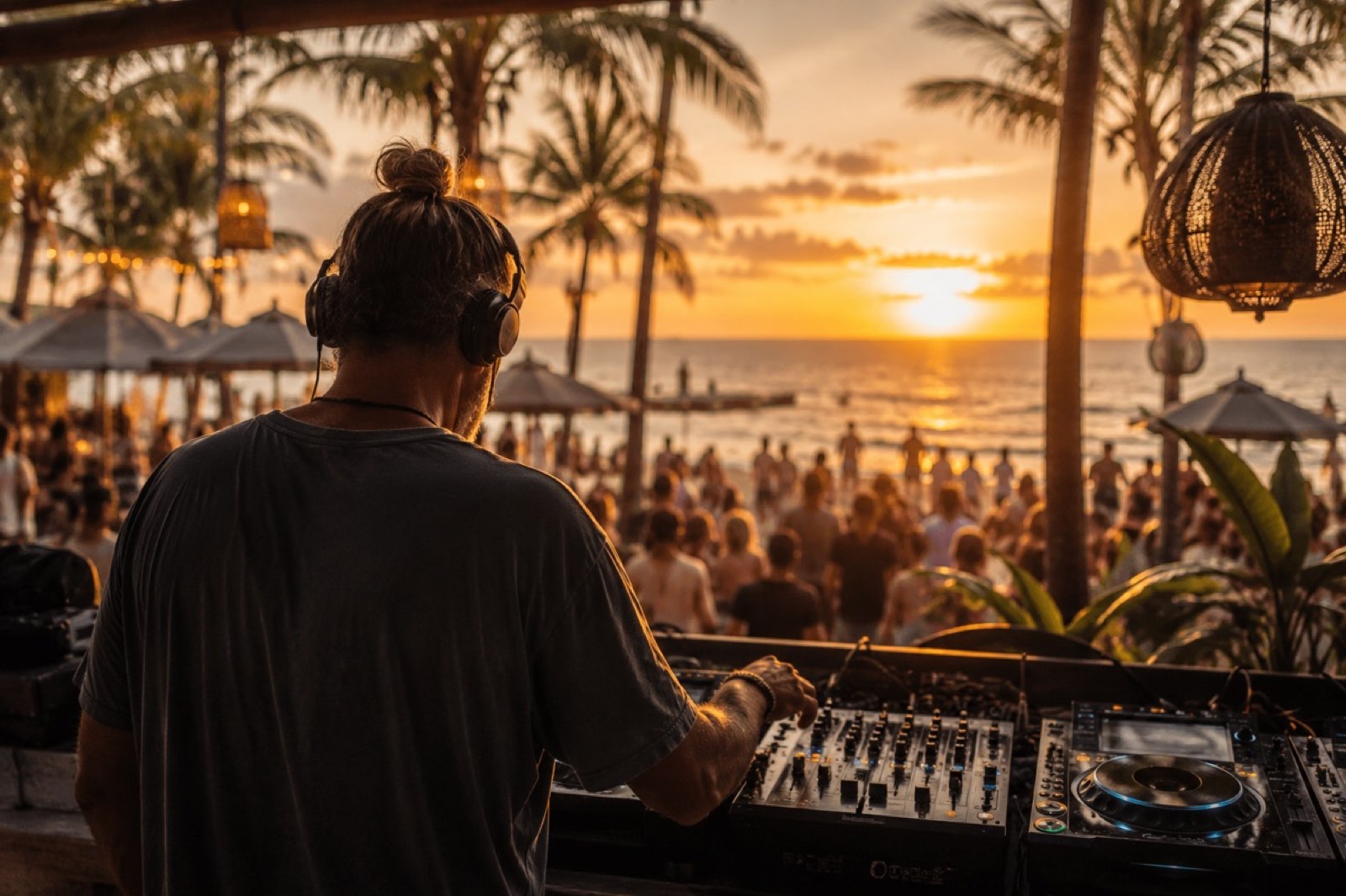 DJ von hinten an einem Beachclub bei Sonnenuntergang. Hände am Mixer, Schieberegler im Vordergrund, Palmen und Meer.