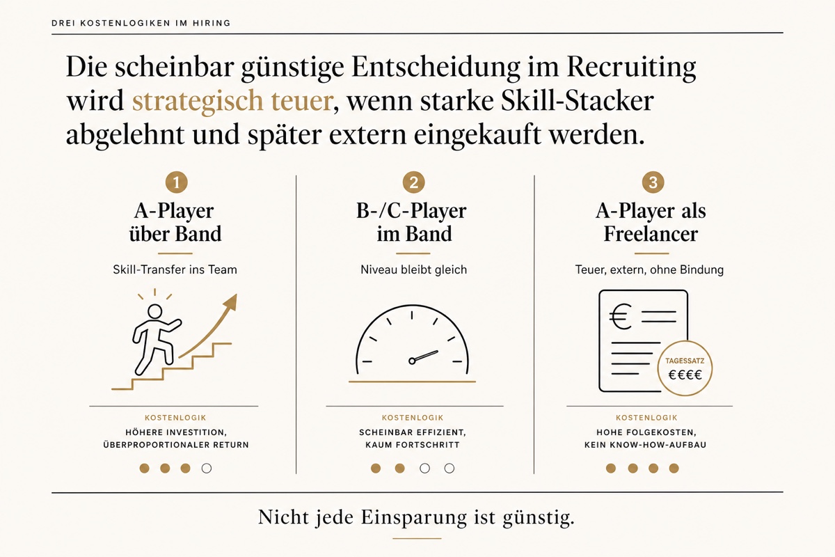 Infografik mit drei Spalten: A-Player über Band (Skill-Transfer ins Team, höhere Investition, überproportionaler Return), B-/C-Player im Band (Niveau bleibt gleich, scheinbar effizient, kaum Fortschritt), A-Player als Freelancer (teuer, extern, ohne Bindung, hohe Folgekosten).