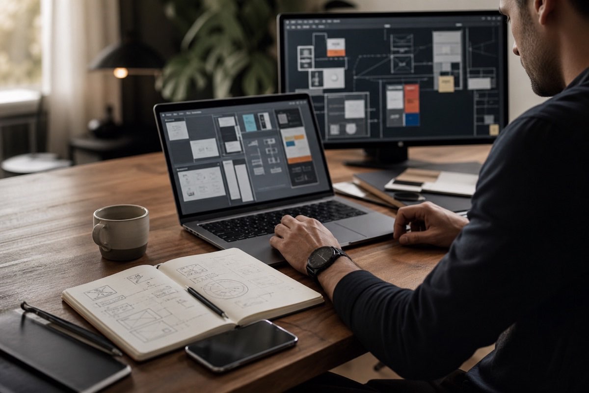 Person am Schreibtisch arbeitet an Wireframes auf Laptop und großem Monitor, daneben ein aufgeschlagenes Notizbuch mit handgezeichneten Skizzen — echte Arbeitsproben statt Zeugnisse.