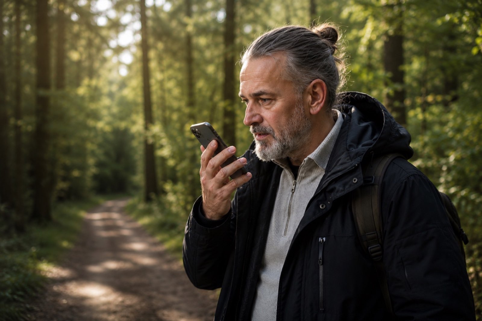 Kai Michael Schäfer beim Spaziergang im Wald mit iPhone am Ohr