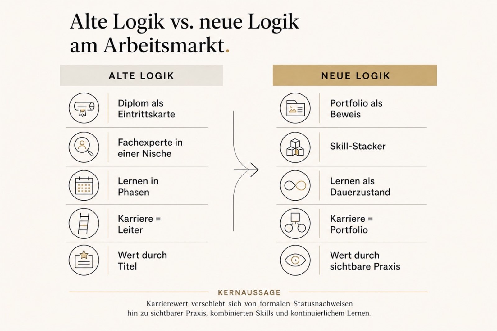 Infografik in zwei Spalten: Alte Logik (Diplom als Eintrittskarte, Fachexperte in einer Nische, Lernen in Phasen, Karriere = Leiter, Wert durch Titel) versus Neue Logik (Portfolio als Beweis, Skill-Stacker, Lernen als Dauerzustand, Karriere = Portfolio, Wert durch sichtbare Praxis).