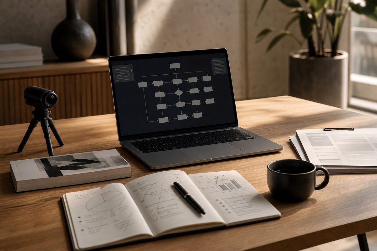 Schreibtisch-Setup mit aufgeklapptem Laptop (Flowchart-Diagramm), Notizbuch mit handgezeichneten Skizzen, Becher und Foto-Tripod.