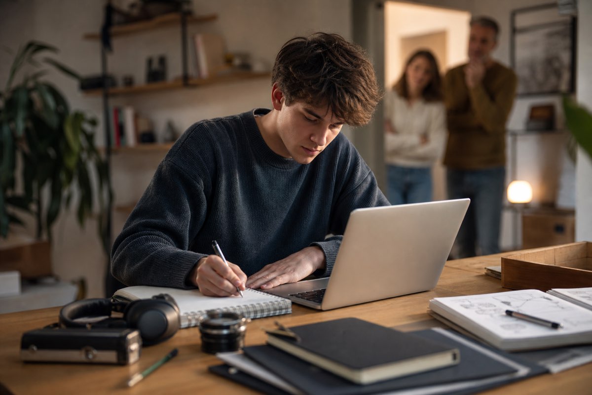 Junger Mann am Schreibtisch, konzentriert am Laptop und Notizbuch, im Hintergrund unscharf seine Eltern, die beobachtend in der Tür stehen.